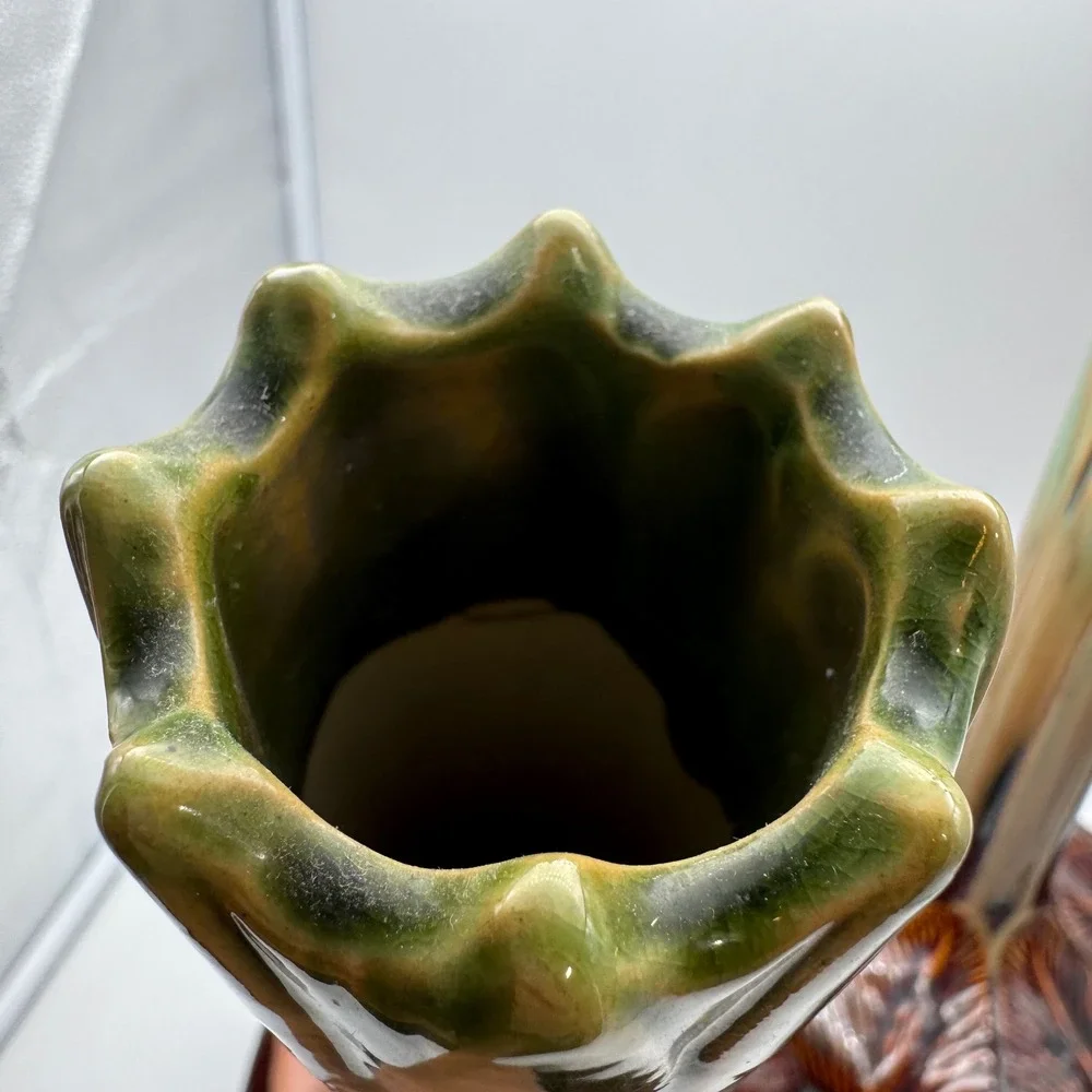 MCM Style Global Views Onion Vase Large Ceramic Art Deco Brown Green Glazed 17
